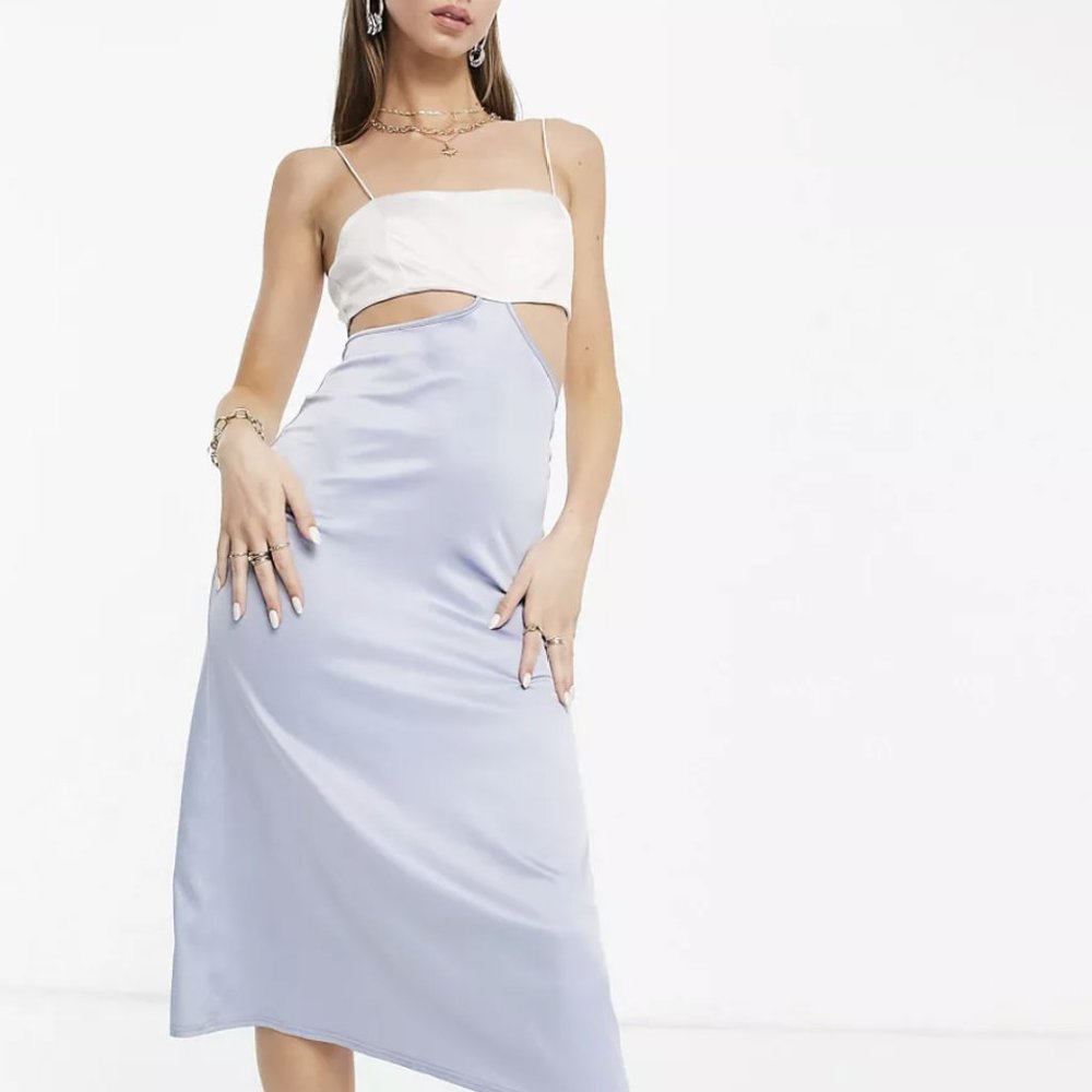 ASOS DESIGN square neck cut out satin cami midi dress in silver & pale blue
